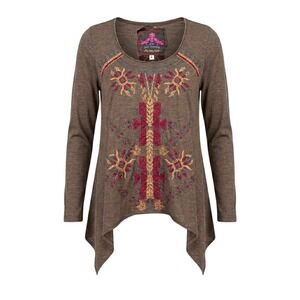 JW Los Angeles Johnny Was SMALL Brown Embroidered Sharkbite Hem Shirt - AC